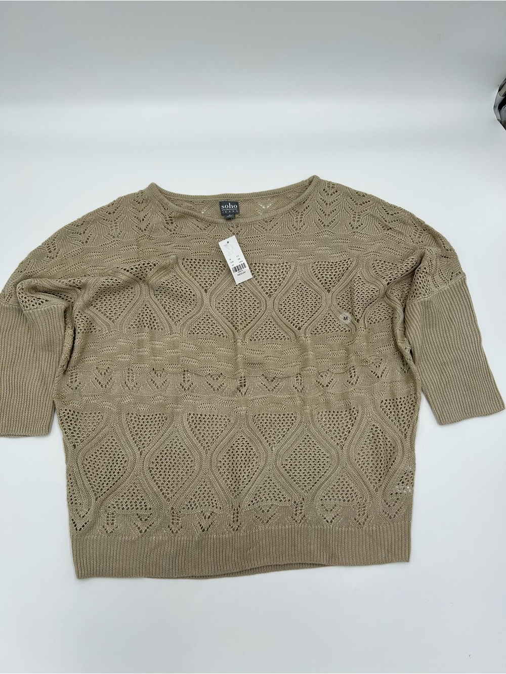 Soho Open-Knit Elbow Sleeve Sweater in Taupe M NWT